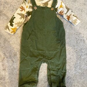 Rabbit + Bear Organic Dino Onesie & Green Corduroy Overalls – 6–9m